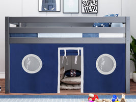 JACKPOT! Twin Low Loft Contemporary Bed with Ladder, Gray with Blue & White Tent for only $349