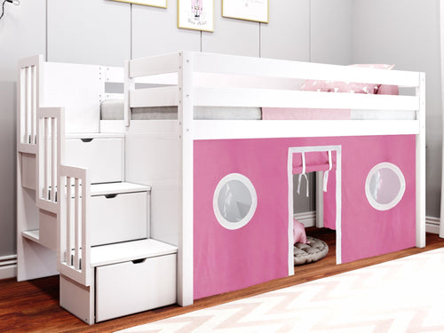 Twin Stairway Low Loft Bed in WHITE, Pink & White Tent