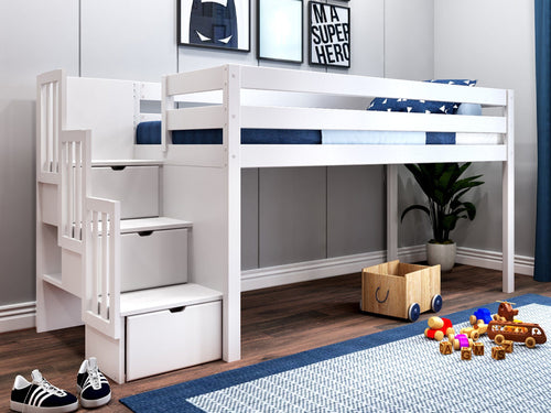 Contemporary Twin Low Loft Bed with Stairway, White
