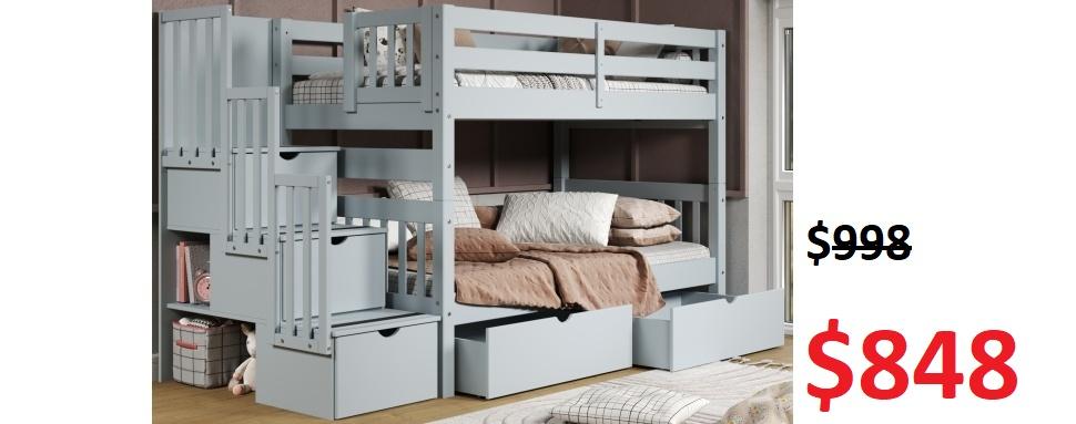 Bedz King Twin over Twin Stairway Bunk Bed in Breezy Blue with 2 Under-Bed Drawers $848 - Saves you $150