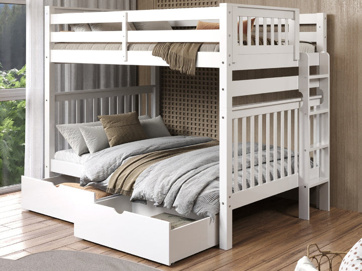 This Full over Full Bunk Bed in White with 2 Under Bed Drawers will look great in your child's bedroom bunk beds