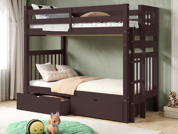 This Tall Twin over Twin Bunk Bed in Dark Cherry with 2 Under Bed Drawers will look great in your child's bedroom bunk beds