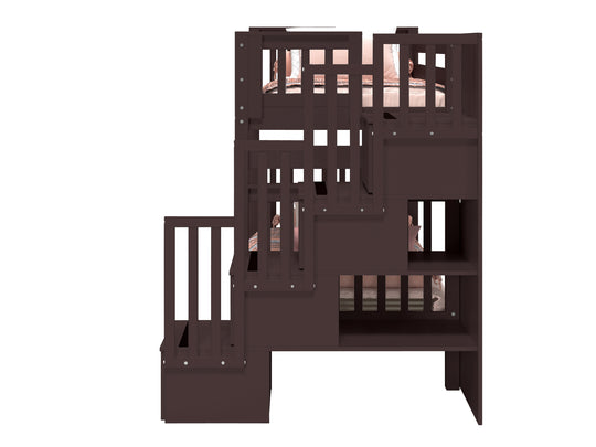 Four built-in storage drawers in the stairway of a dark cherry BK161 bunk bed