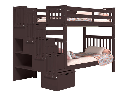 Dark Cherry tall twin-over-twin stairway bunk bed