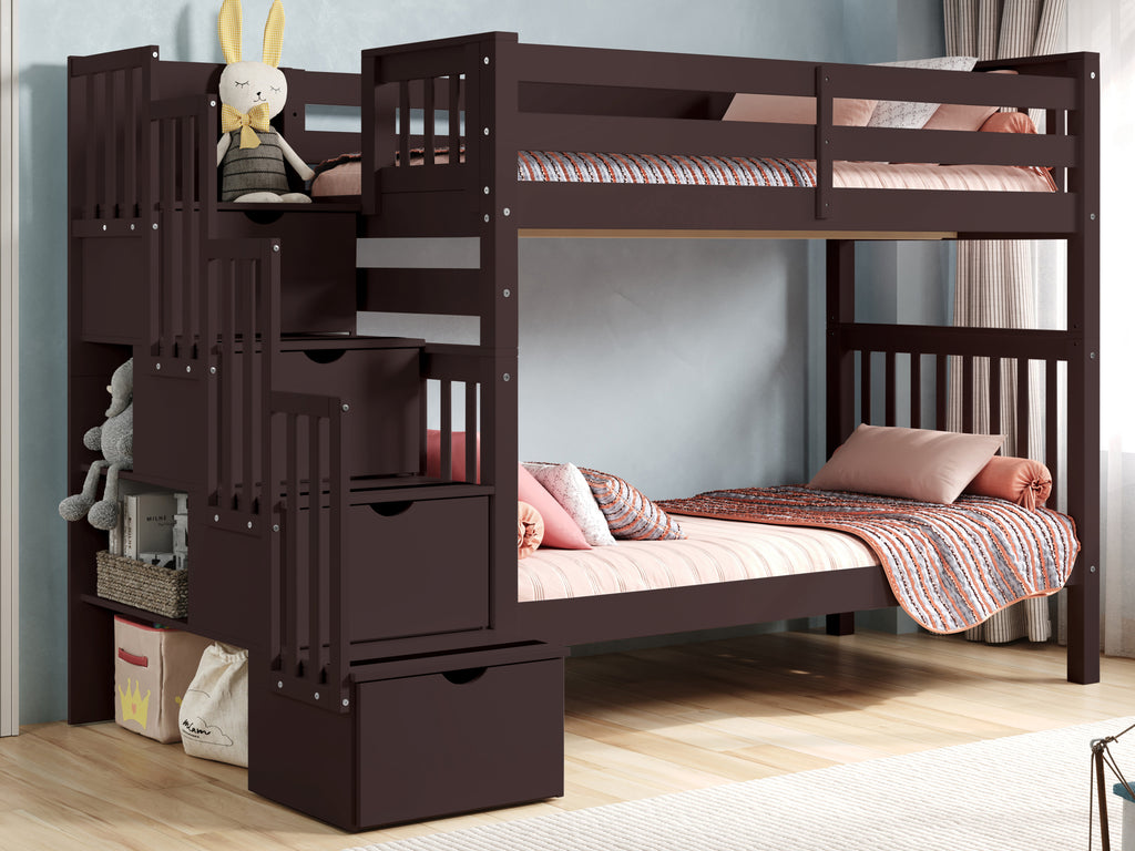 こうきんページ Bunk Beds Tall Twin over Twin Stairway in Dark Cherry