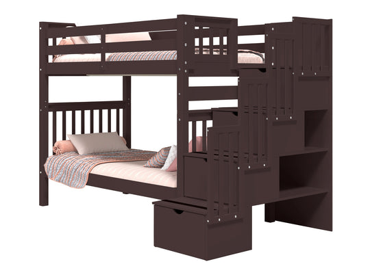 Dark Cherry tall twin-over-twin bunk bed showing stairway placement on the left or right