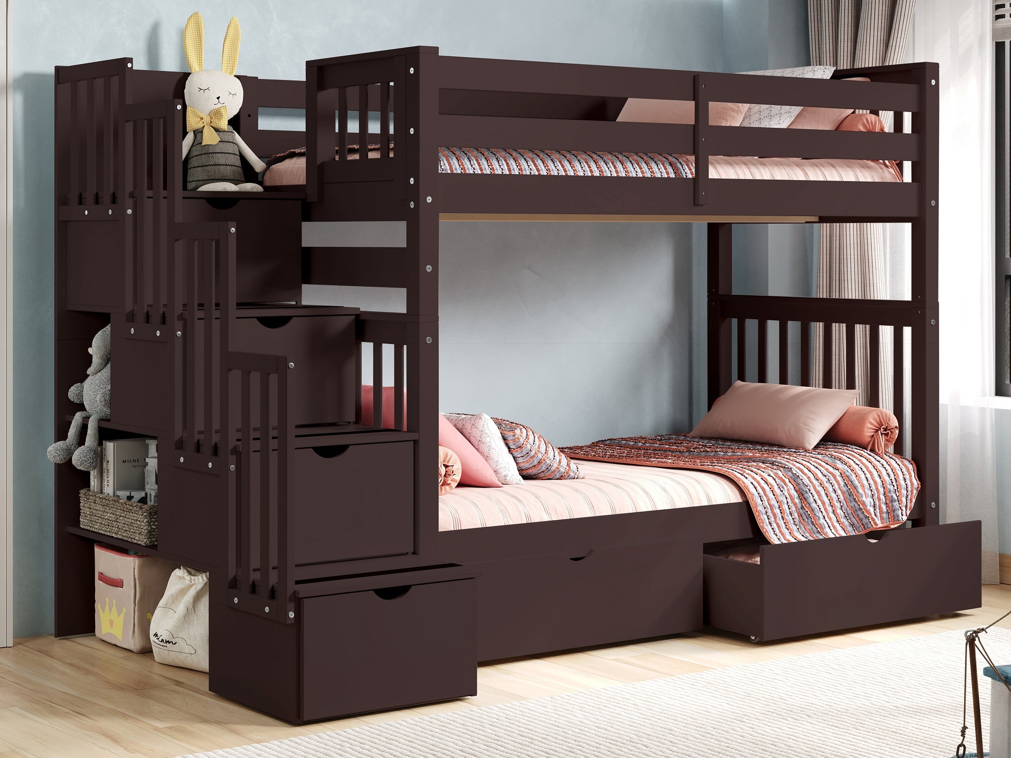家具 Bunk bed Bedz King Tall Twin Over Twin Stairway Bunk Bed, Dark Cherry