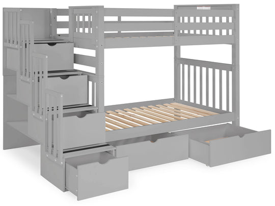 Gray tall twin-over-twin bunk bed with two under-bed storage drawers showing extra headroom between the bunks