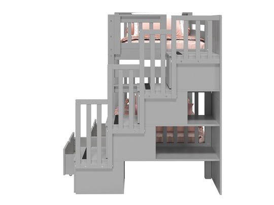 Four built-in storage drawers in the stairway of a gray BK161 bunk bed