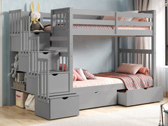 This Tall Twin over Twin Stairway Bunk Bed with 2 Under Bed Drawers in Gray will look great in your Home
