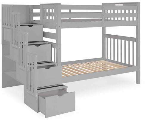 Gray tall twin-over-twin bunk bed showing extra headroom between the bunks