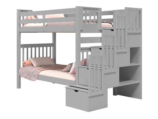 Gray tall twin-over-twin bunk bed showing stairway placement on the left or right