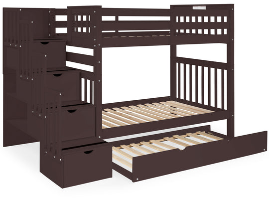Dark Cherry tall twin-over-twin bunk bed with twin trundle showing extra headroom between the bunks
