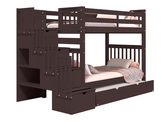 Dark Cherry tall twin-over-twin stairway bunk bed with twin trundle