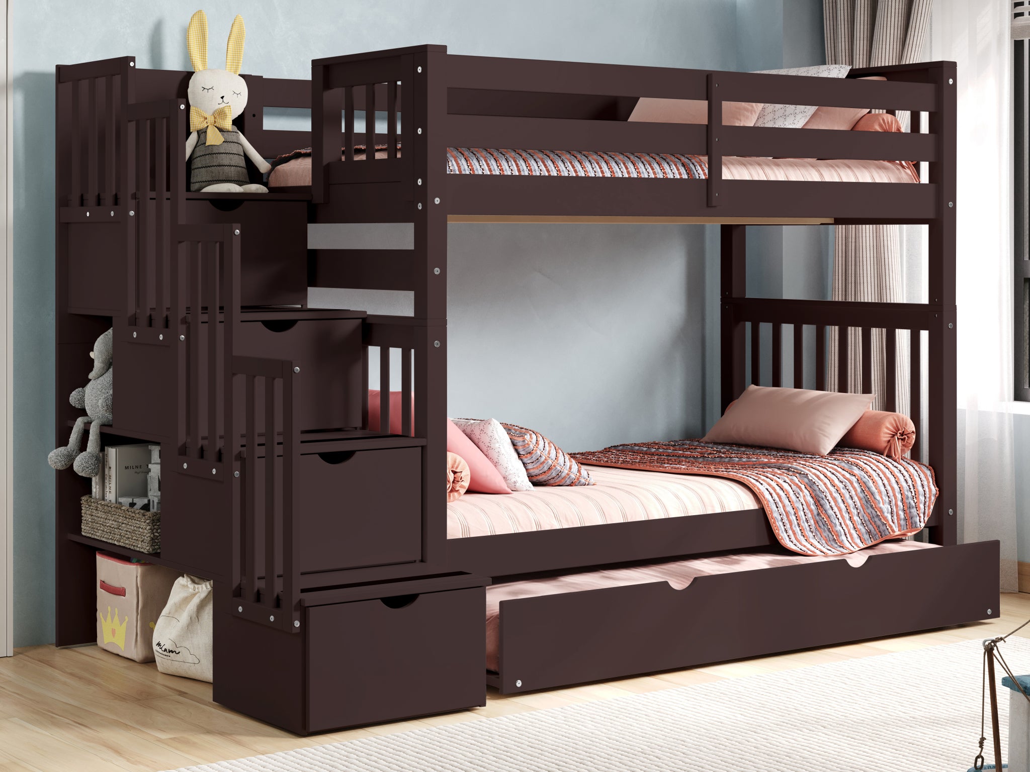 Bunk Beds Tall Twin over Twin Stairway, 2 Drawers, Dark Cherry