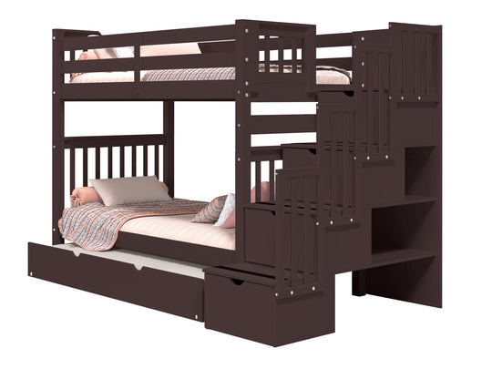 Dark Cherry tall twin-over-twin bunk bed showing stairway placement on the left or right