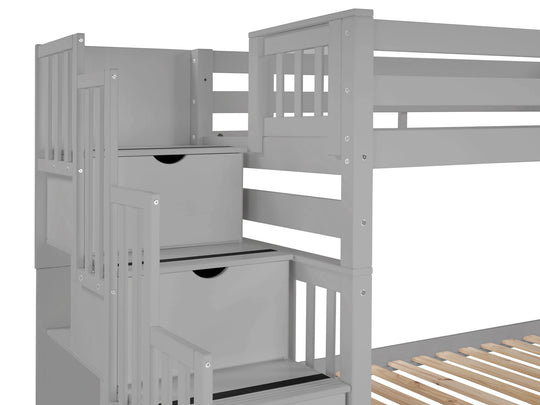Four-step stairway and upper-bunk entry on a gray tall twin-over-twin bunk bed