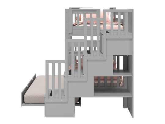 Four built-in storage drawers in the stairway of a gray BK161 bunk bed