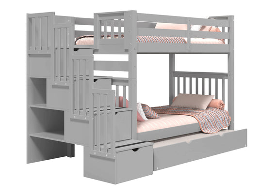 Gray tall twin-over-twin stairway bunk bed with twin trundle