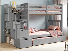 This Tall Twin over Twin Stairway Bunk Bed with a Twin Trundle in Gray will look great in your Home
