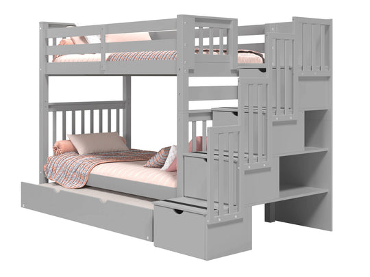 Gray tall twin-over-twin bunk bed showing stairway placement on the left or right
