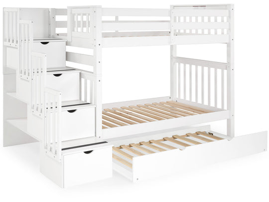 White tall twin-over-twin bunk bed with twin trundle showing extra headroom between the bunks