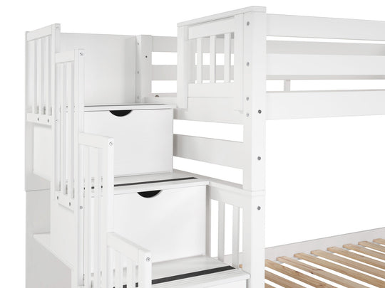 Four-step stairway and upper-bunk entry on a white tall twin-over-twin bunk bed