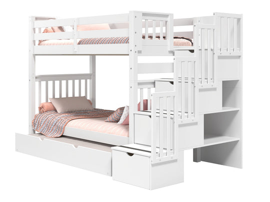 White tall twin-over-twin bunk bed showing stairway placement on the left or right