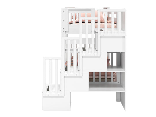 Four built-in storage drawers in the stairway of a white BK161 bunk bed