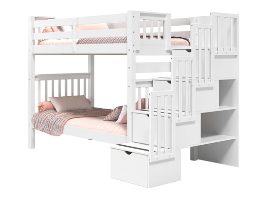 White tall twin-over-twin bunk bed showing stairway placement on the left or right