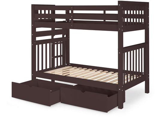 Dark Cherry tall twin-over-twin bunk bed with two drawers showing the four-step end ladder