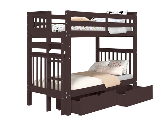 Dark Cherry tall twin-over-twin bunk bed showing ladder placement at either end