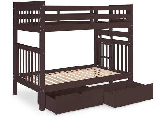 Dark Cherry tall twin-over-twin bunk bed showing front and back ladder placement options
