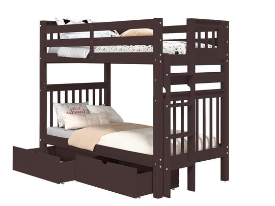 Dark Cherry tall twin-over-twin end-ladder bunk bed with two under-bed storage drawers