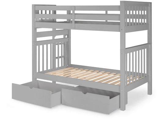 Gray tall twin-over-twin bunk bed with two drawers showing the four-step end ladder