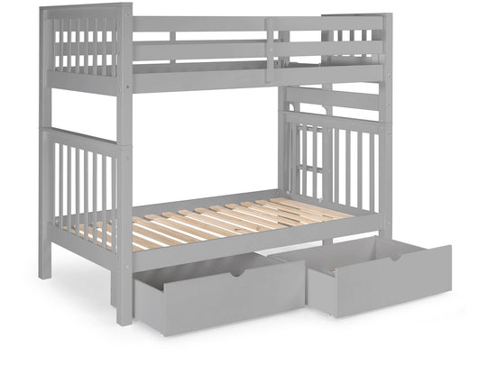 Gray tall twin-over-twin bunk bed showing front and back ladder placement options