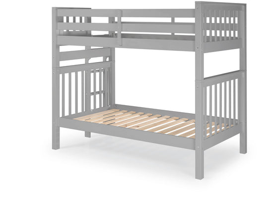 Gray tall twin-over-twin bunk bed showing the four-step end ladder
