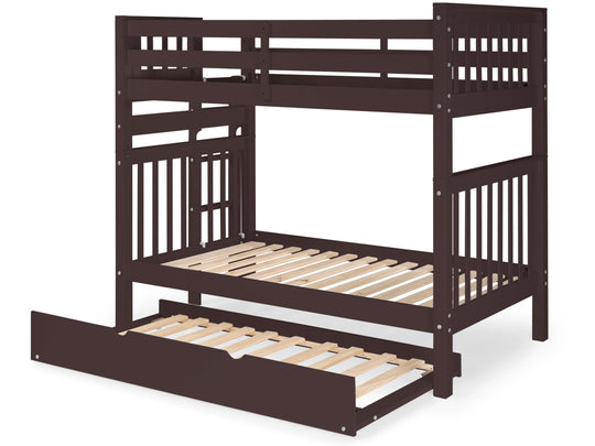 Dark Cherry tall twin-over-twin bunk bed with twin trundle showing the four-step end ladder