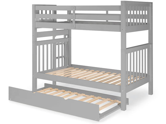 Gray tall twin-over-twin bunk bed with twin trundle showing the four-step end ladder