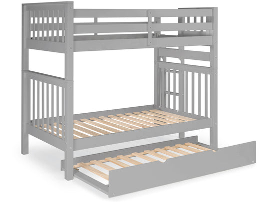 Gray tall twin-over-twin bunk bed showing front and back ladder placement options