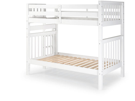 White tall twin-over-twin bunk bed showing the four-step end ladder