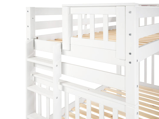 Four-step end ladder and upper-bunk entry on a white tall twin-over-twin bunk bed