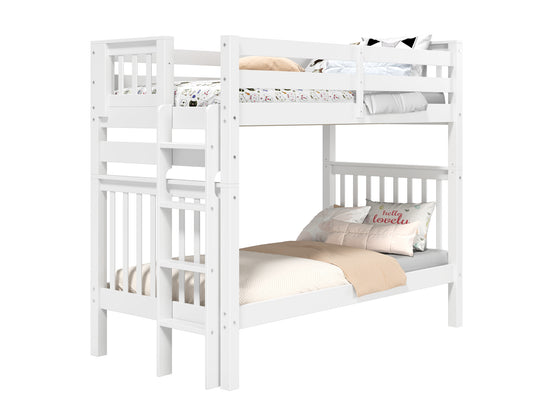 White tall twin-over-twin bunk bed showing ladder placement at either end