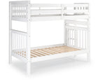 White tall twin-over-twin bunk bed showing front and back ladder placement options