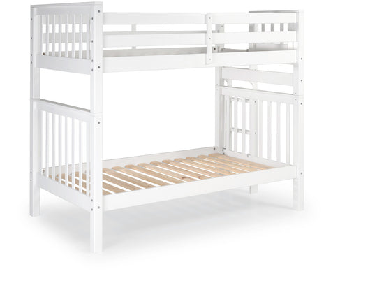 White tall twin-over-twin bunk bed showing front and back ladder placement options