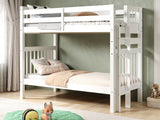 Bedz King white tall twin-over-twin end-ladder bunk bed in a bedroom