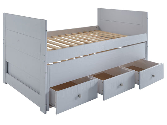 Three drawers are attached to the bed that slide out on metal glides