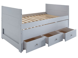 Three drawers are attached to the bed that slide out on metal glides