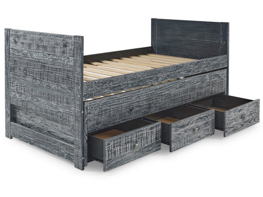 Three storage drawers on metal glides beneath the weathered black BK551 Captain's bed