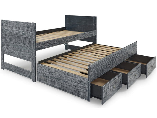 Weathered Black twin Captain's bed showing the twin trundle and three storage drawers